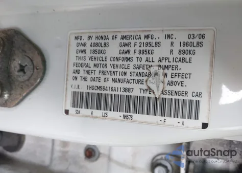 2006 Honda Accord 2.4 Lx из США, поврежденный, VIN 1HGCM56416A113887